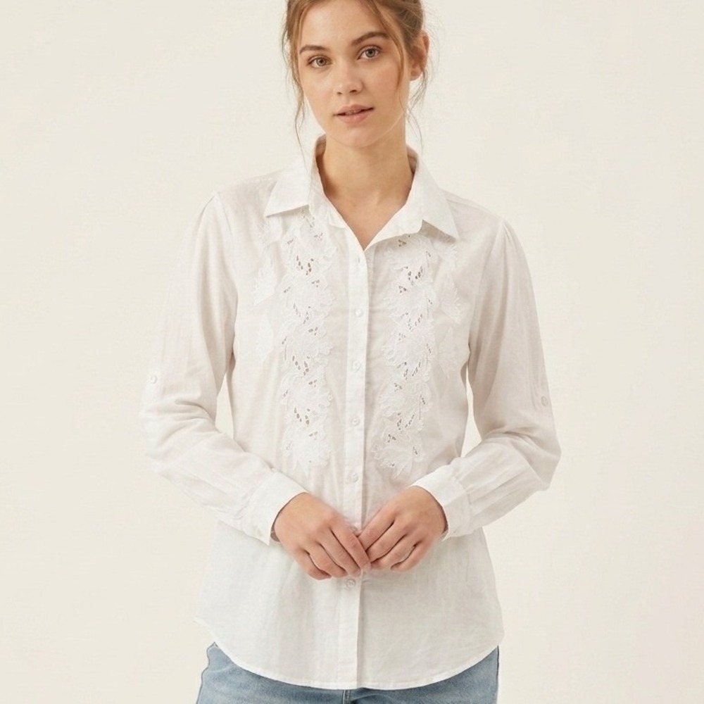 Vintage Goa White Embroidered Button Down Shirt Womens Large Boho